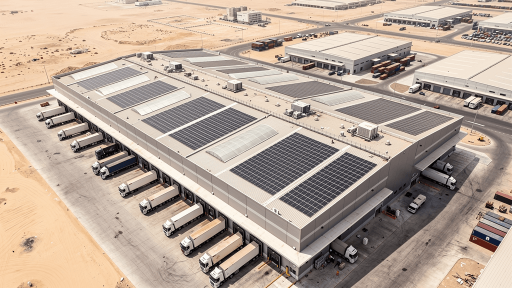 Solar array on a warehouse roof with skylights and HVAC units