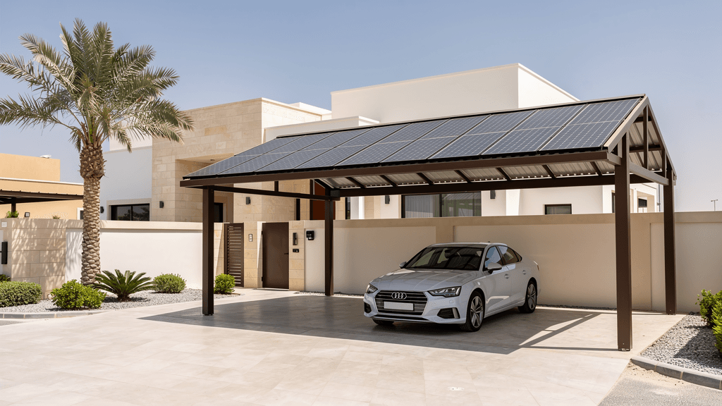 Illustration of a solar-panel carport beside a well-maintained modern Dubai villa; not an approved installation
