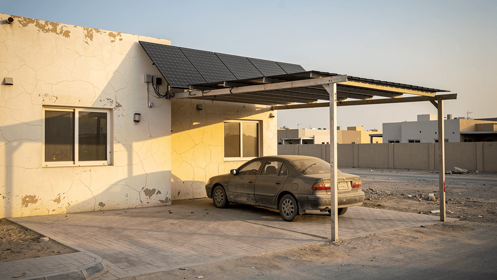 Illustrative generated image of a solar-panel carport beside a Dubai-style villa; not an approved installation