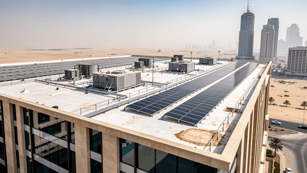 PV panels on a pale reflective Dubai commercial roof