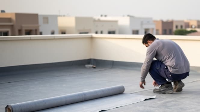 AI-generated illustration of a roof professional examining a flat-roof membrane beside a rolled waterproofing sheet at a Dubai-style property