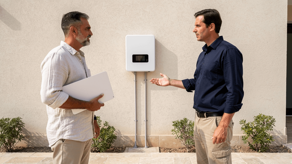 AI-generated illustration of a prospective villa buyer and solar inspector discussing an existing inverter; not a documented property inspection