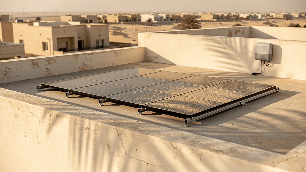 Dusty solar panels with a palm shadow on a Dubai villa roof
