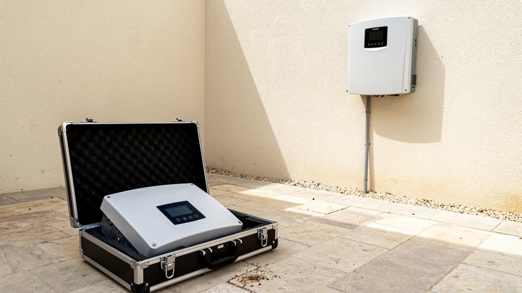 AI-generated illustration of a replacement inverter in a padded service case beside an existing closed inverter at a villa-style property