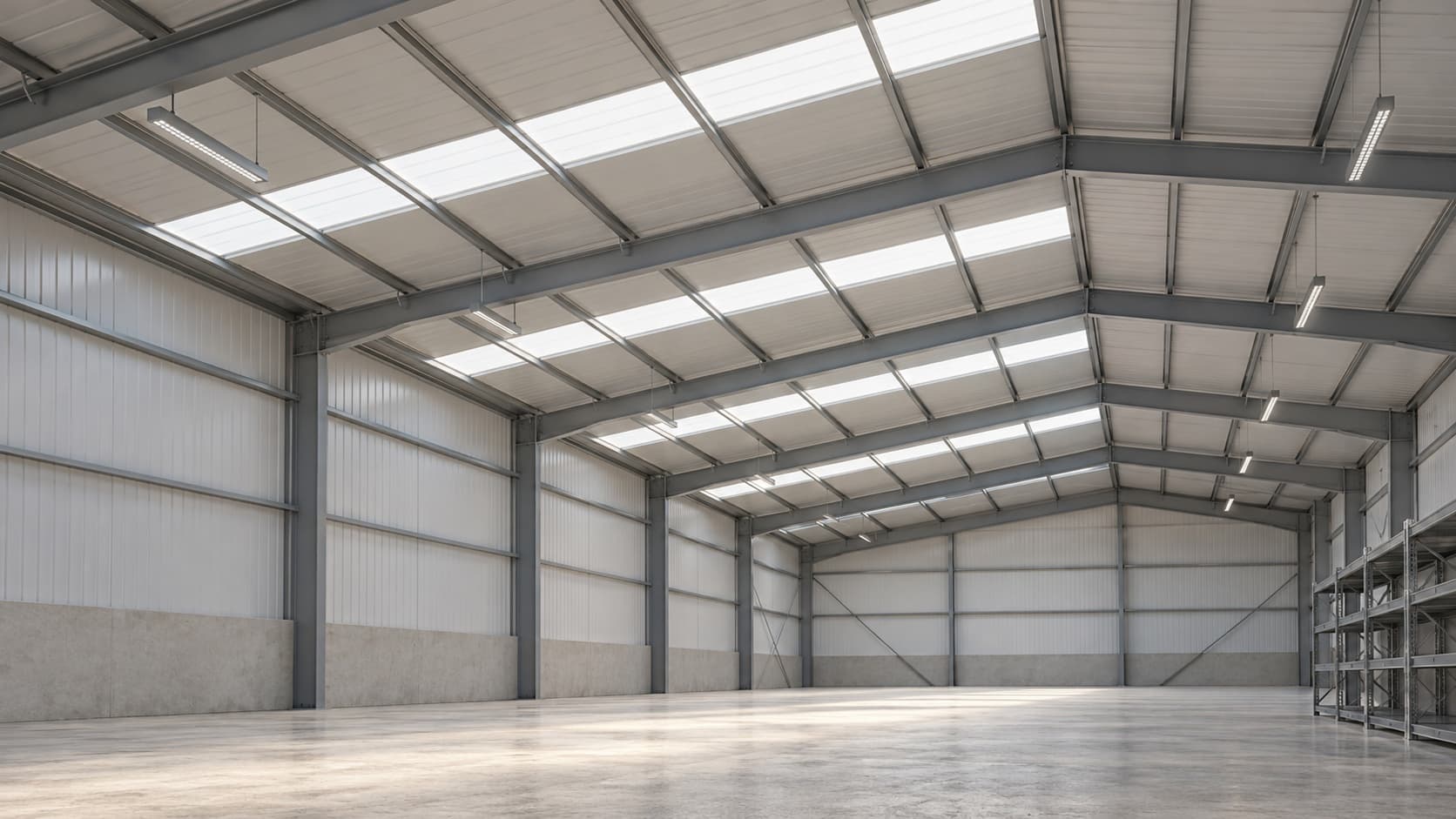 AI-generated illustration of daylight entering a generic warehouse through translucent rooflight strips above a clear interior aisle