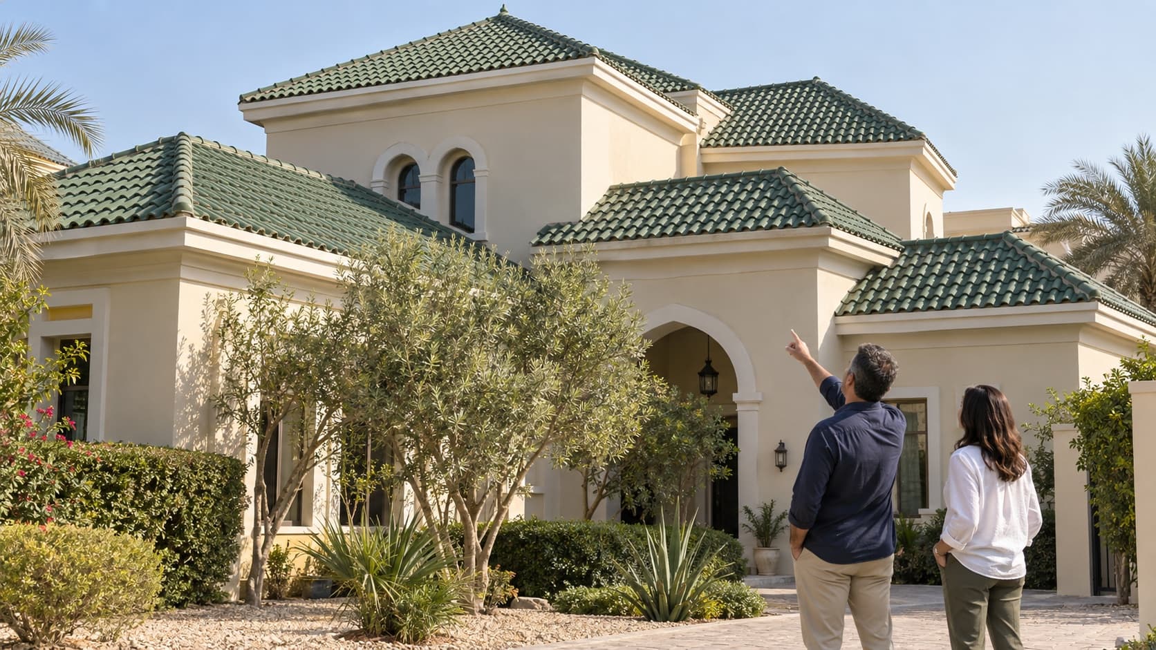 Illustrative owner and surveyor looking up at several green-tiled roof faces on a generic Dubai-style villa