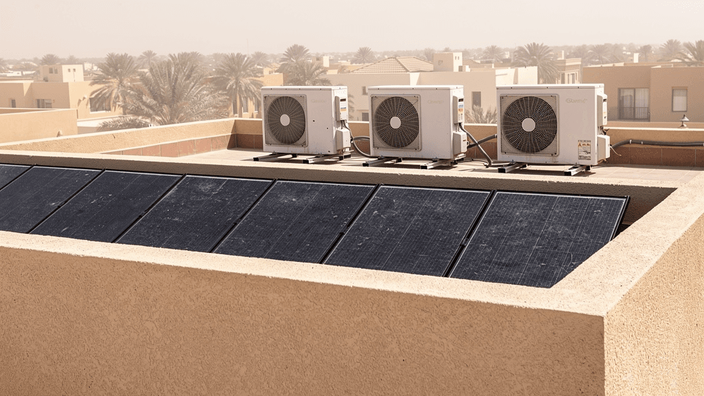 Solar panels beside outdoor AC units on a Dubai villa rooftop