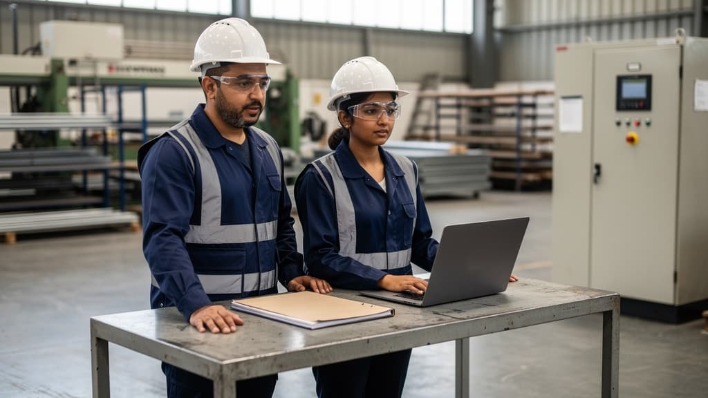 Illustrative factory energy-planning discussion between two professionals beside industrial equipment