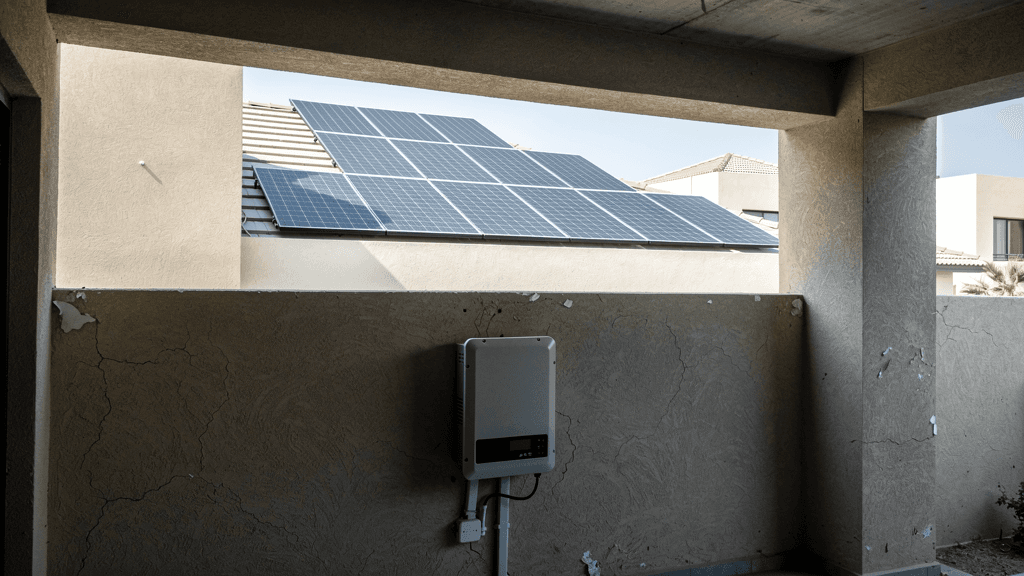 Solar inverter sheltered in shade, with rooftop panels in sunlight