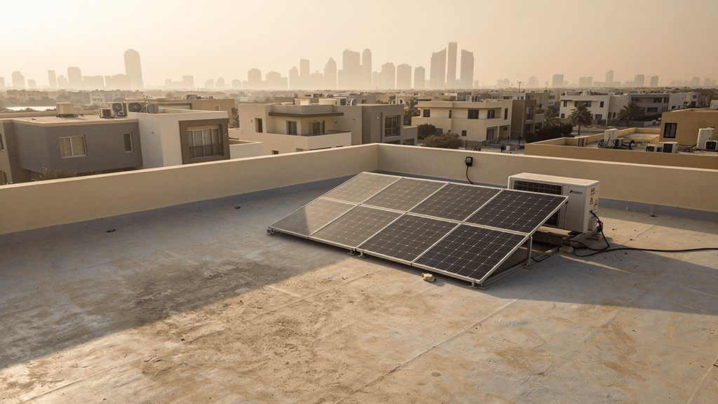 Illustration of a Dubai-style villa roof with six solar panels, nearby air-conditioning equipment and surrounding villas