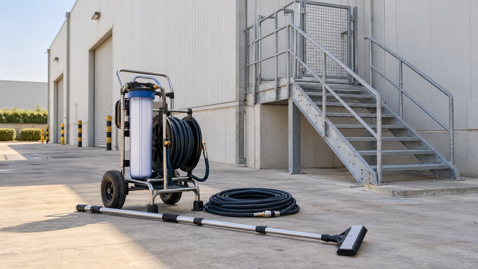 Illustrative solar-cleaning equipment and coiled hoses staged beside a warehouse service-access stair
