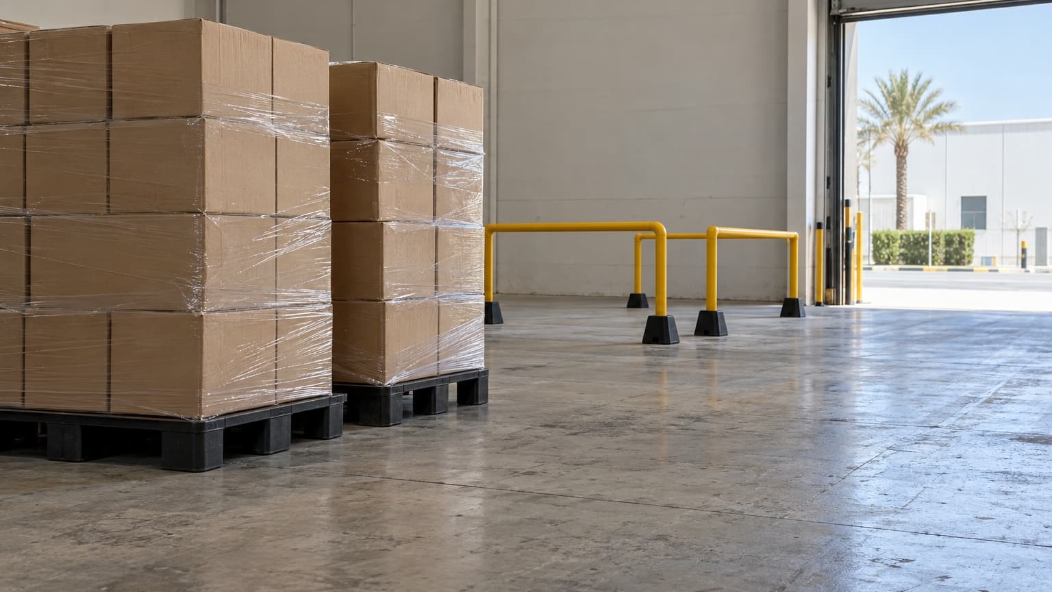 AI-generated illustration of boxed warehouse stock beside a separate empty work area marked by yellow barriers
