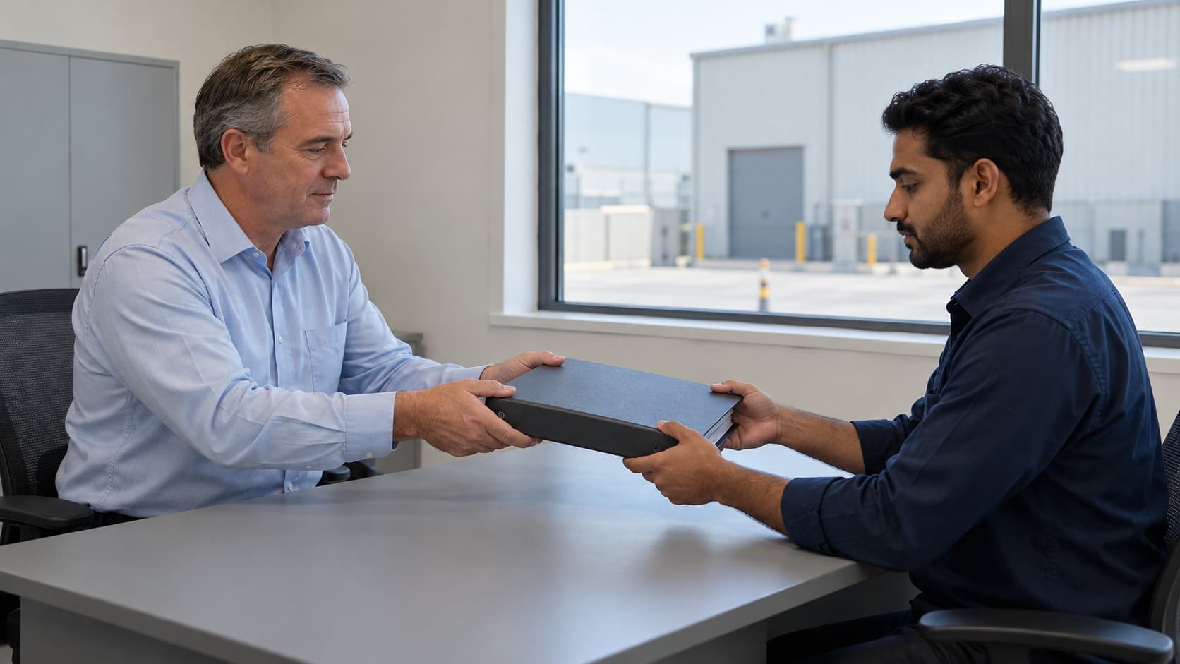 AI-generated illustration of two commercial project representatives handing over an unlabelled document binder in a warehouse office