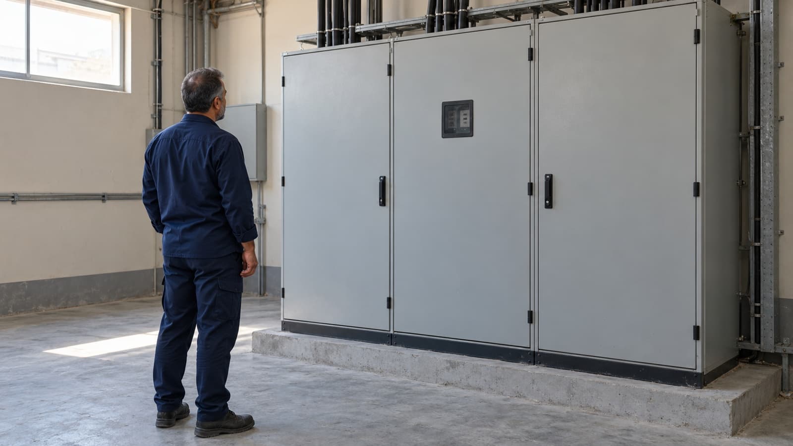 Illustrative engineer viewing a closed factory electrical switchboard in a generic industrial intake room