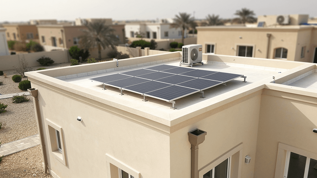 Illustrative Dubai-style villa flat roof with a compact solar array and roof equipment; not an Arabian Ranches II property