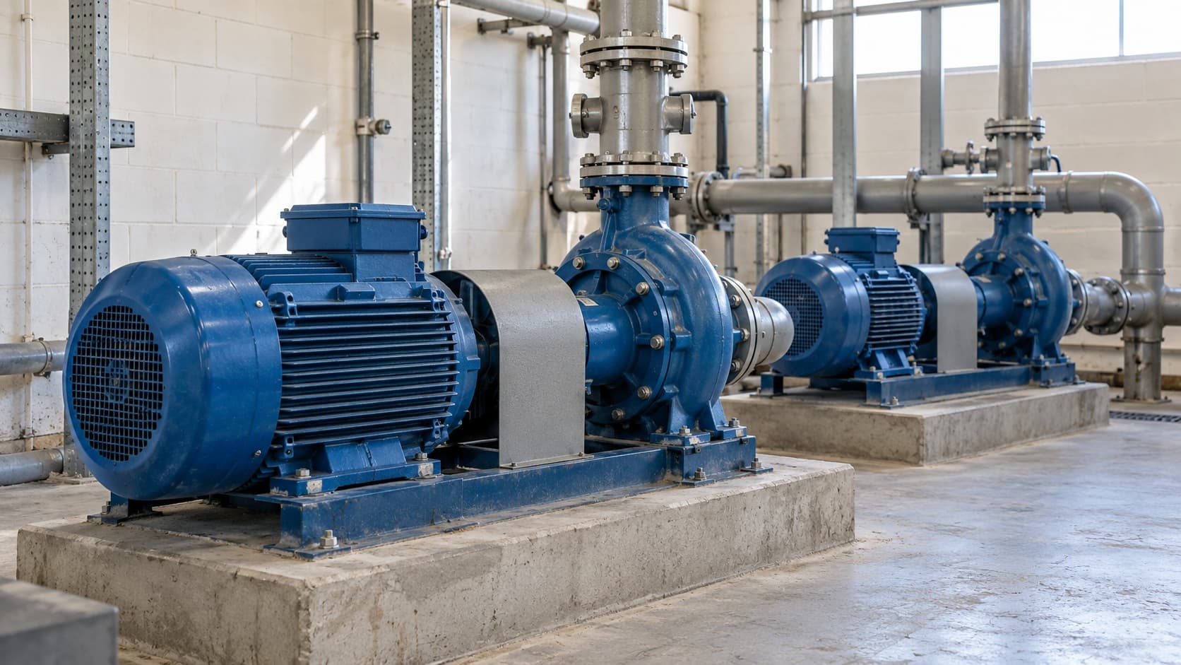 AI-generated illustration of unbranded electric motor and pump equipment in an industrial plant room