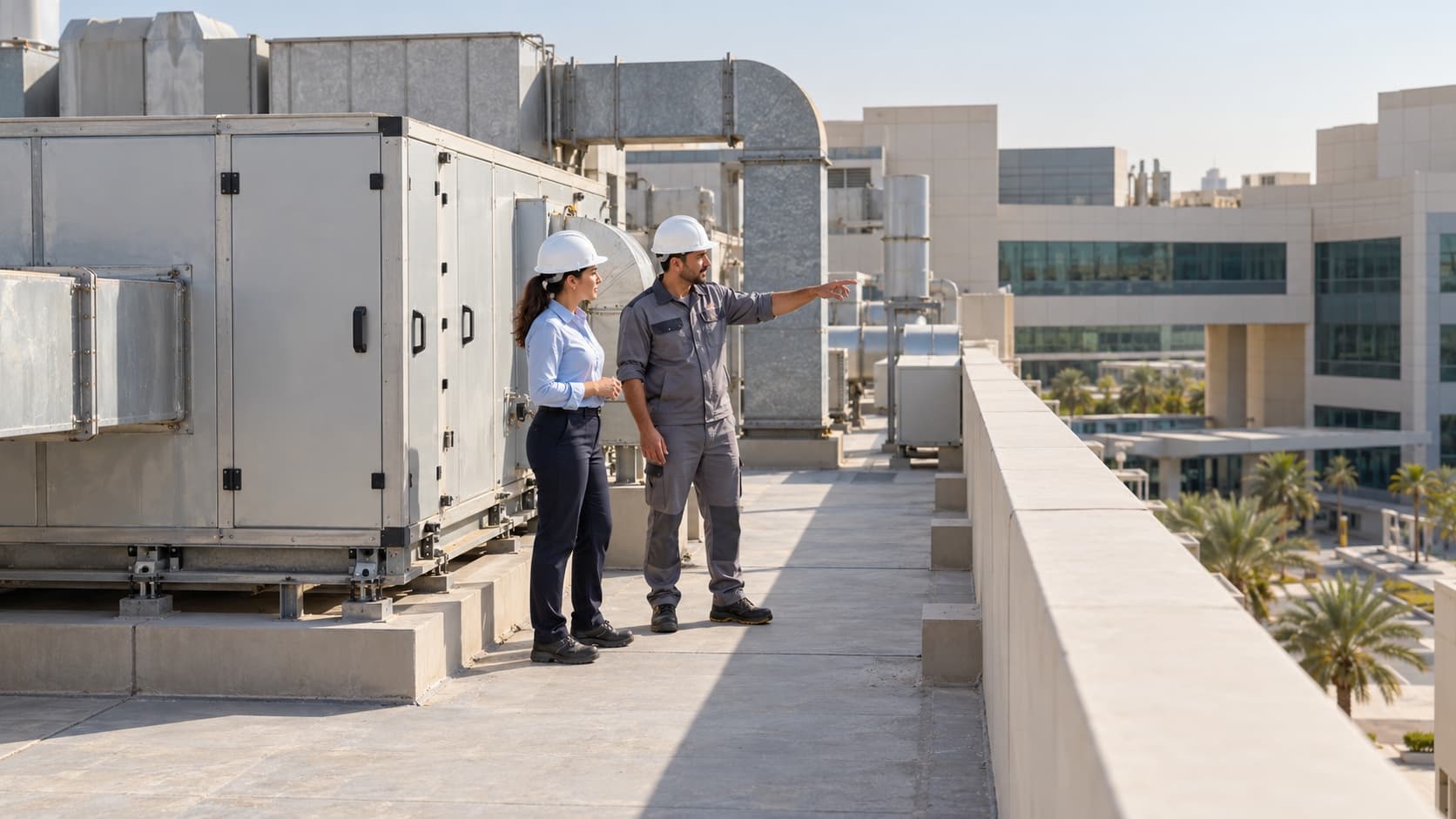 Illustrative healthcare facilities manager and engineer assessing rooftop ventilation plant and clear maintenance access