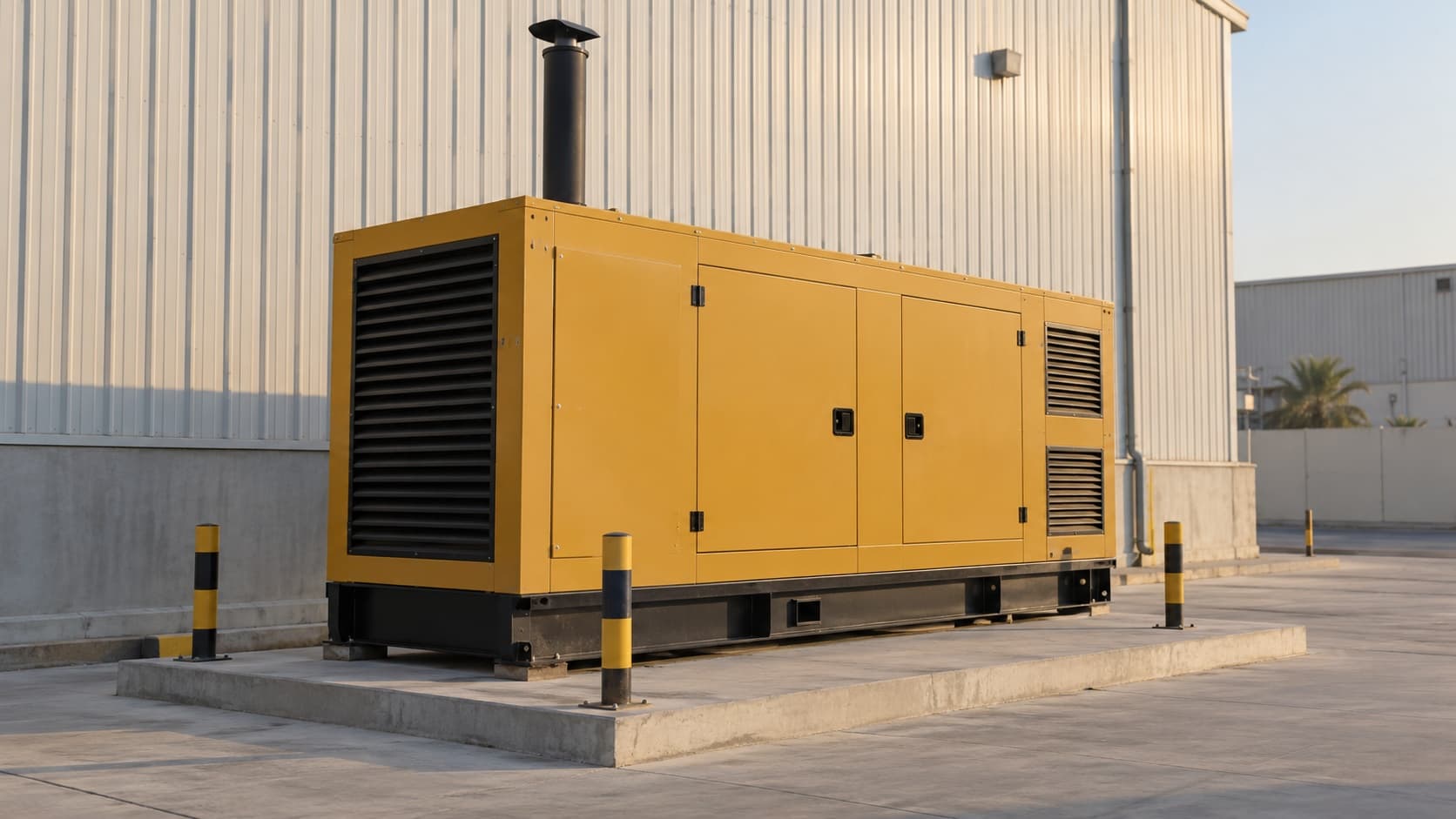 AI-generated illustration of an enclosed standby generator with an exhaust stack in a generic industrial service yard