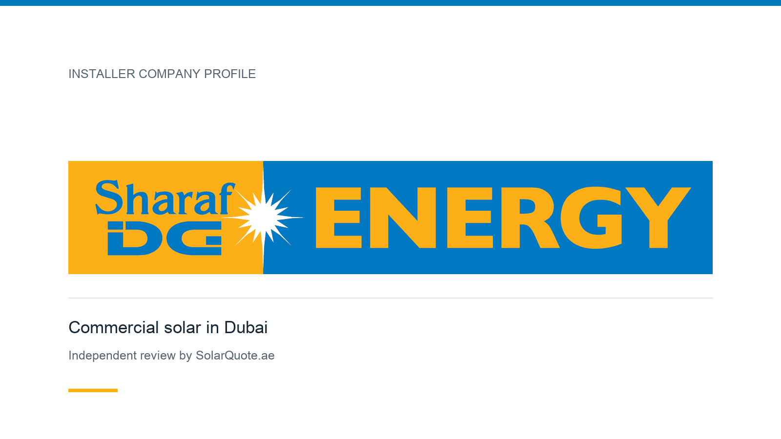 Sharaf DG Energy official logo in an independent SolarQuote company-profile graphic