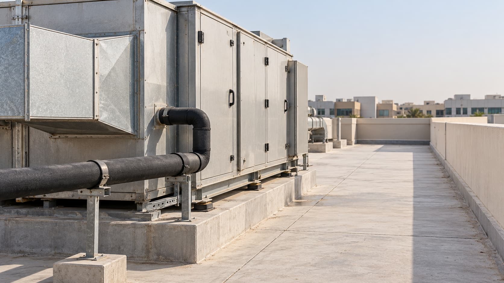 AI-generated illustration of rooftop cooling and ventilation equipment beside a clear maintenance walkway on a Dubai-style commercial building