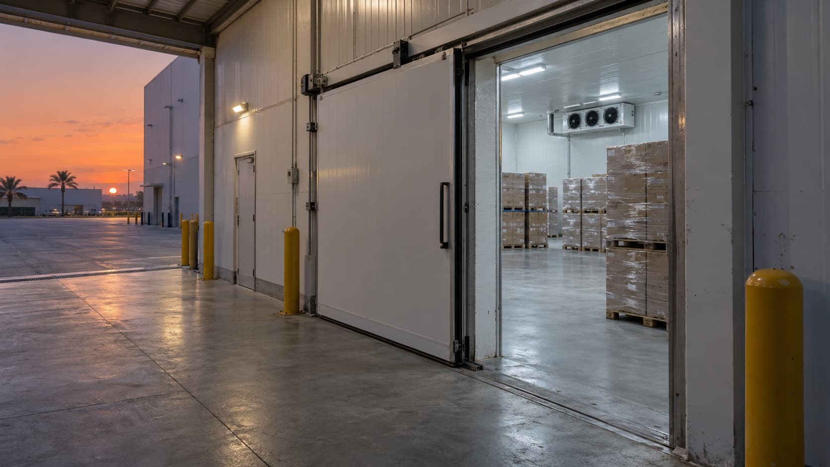 Illustrative refrigerated warehouse at dusk with an insulated cold-room doorway and palletised goods