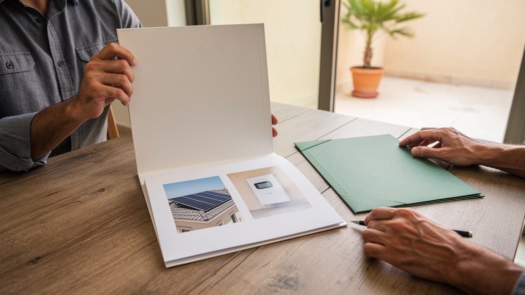 AI-generated illustration of a villa owner's hands reviewing a plain folder with illustrative solar panel and inverter photographs, not a real insurance file