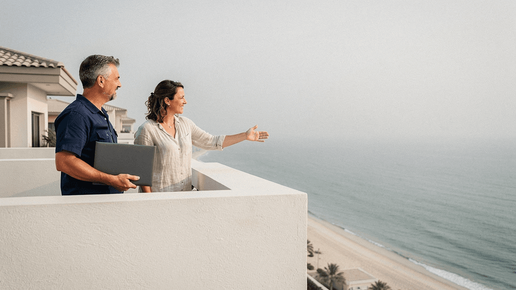 AI-generated illustration of a coastal-villa owner and surveyor assessing sea-facing exposure from a protected roof terrace