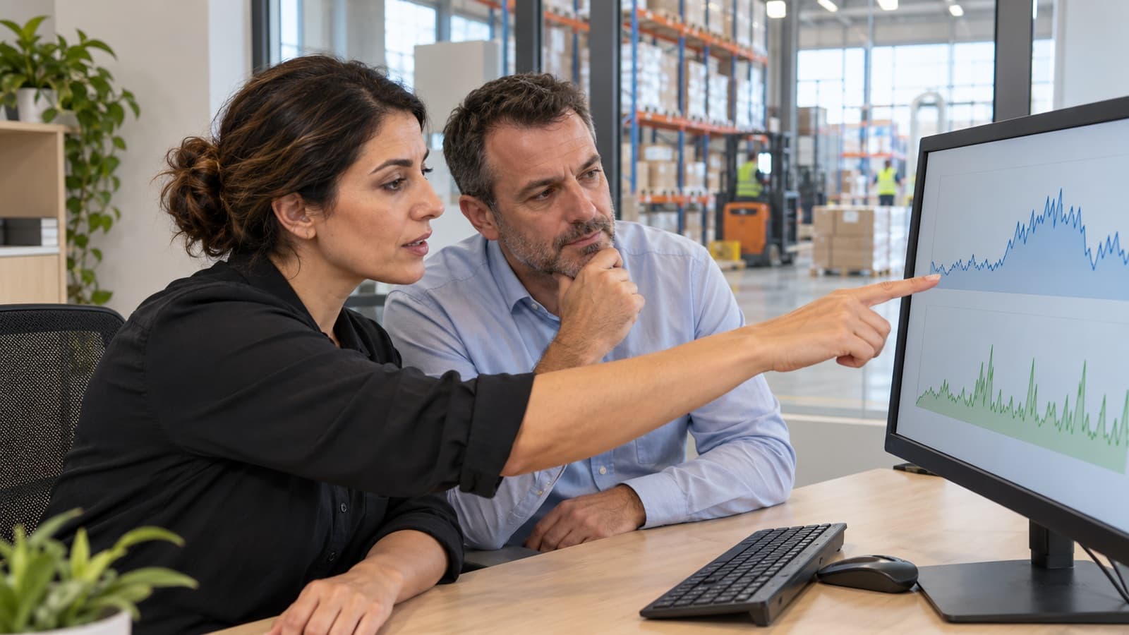 Illustrative energy-record review by two business colleagues in a warehouse office