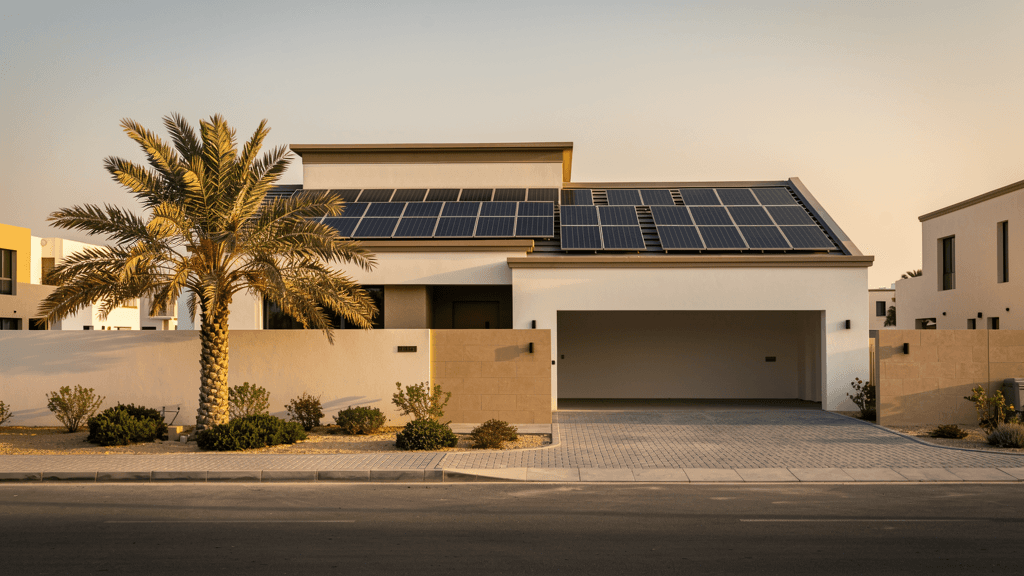 Rooftop solar panels on a modern Dubai villa