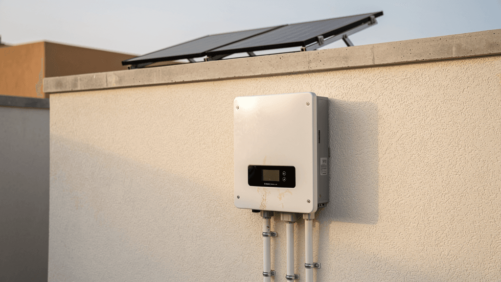 Illustrative wall-mounted solar inverter with neat conduits and a rooftop array on a villa-style building