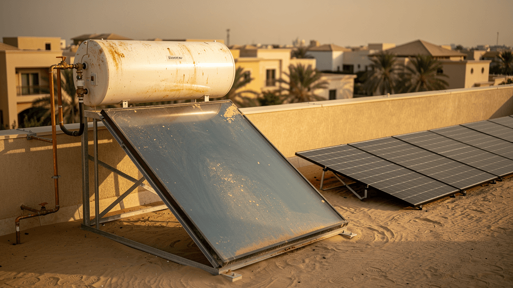 Solar thermal water heater and separate PV panels on a Dubai villa roof