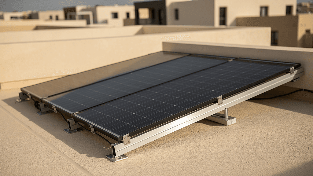 Illustrative rooftop solar modules on a clean flat villa roof; AI-generated scene