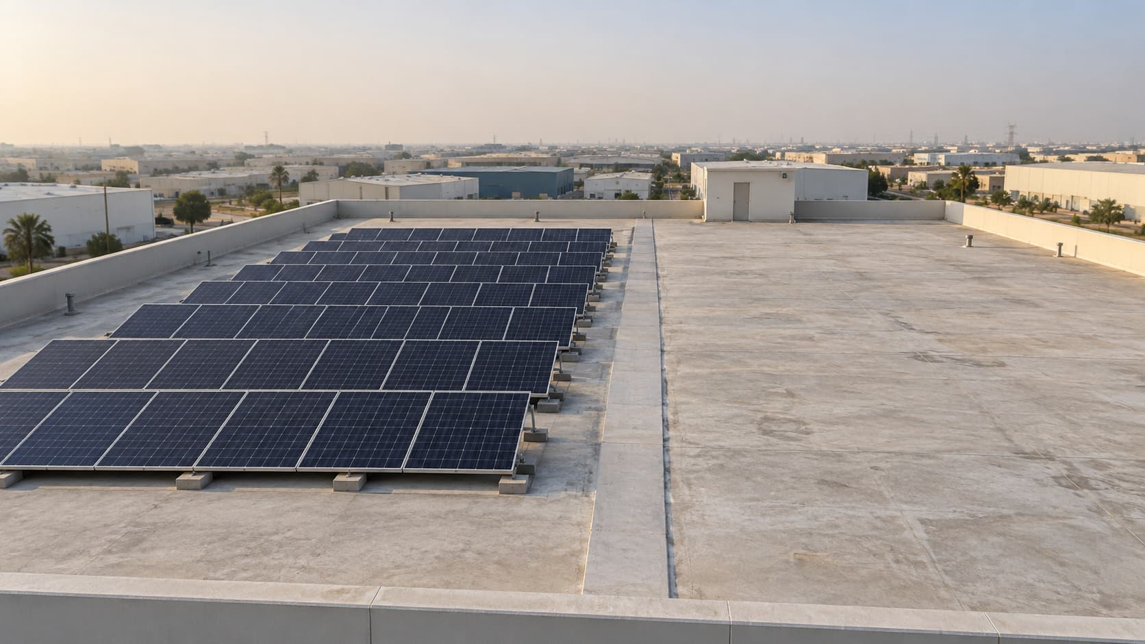 AI-generated illustration of an existing solar array beside unused space on a generic industrial rooftop, not an approved expansion layout