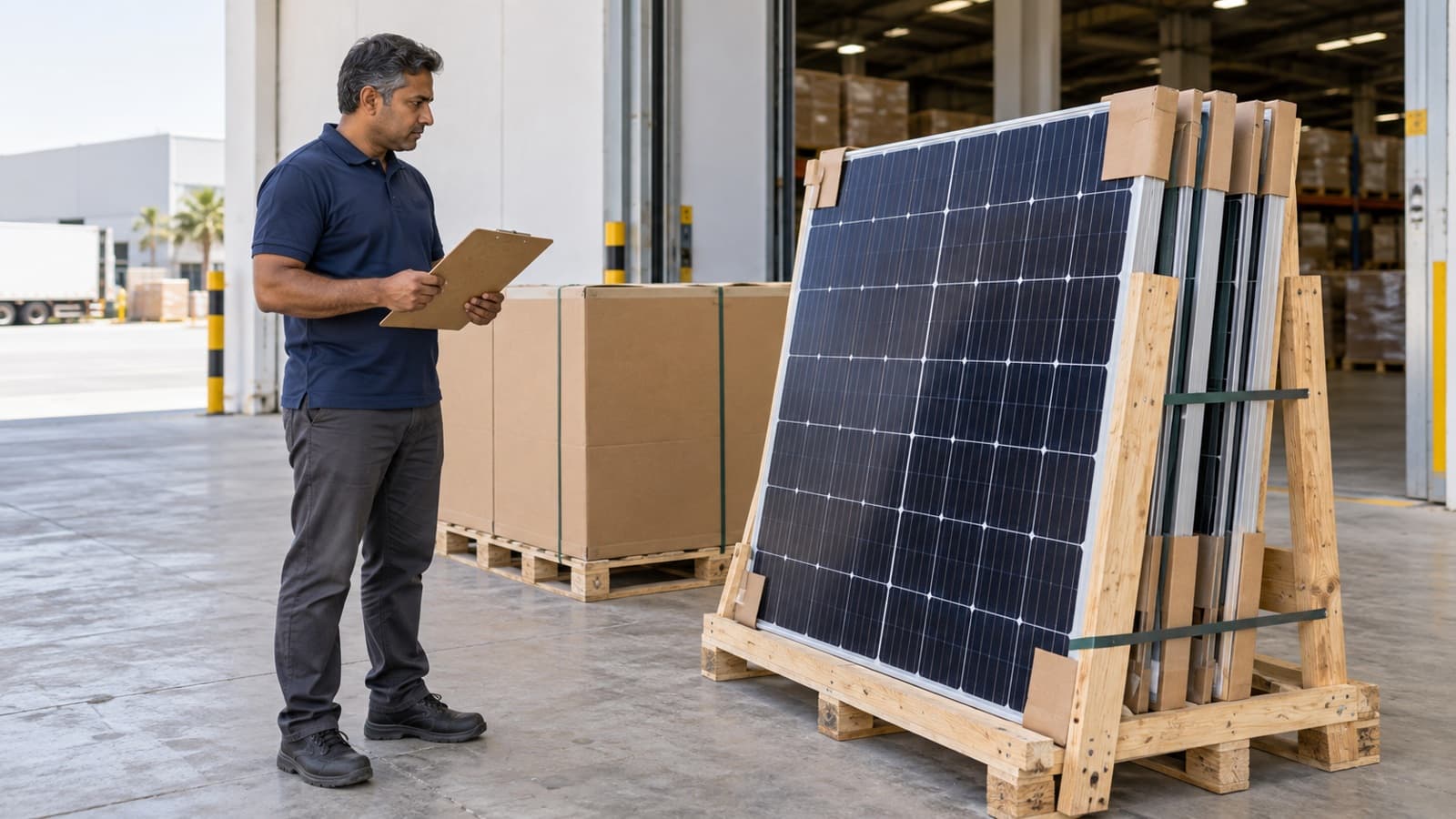 AI-generated illustration of a commercial solar delivery being checked beside packaged panels in a warehouse receiving area