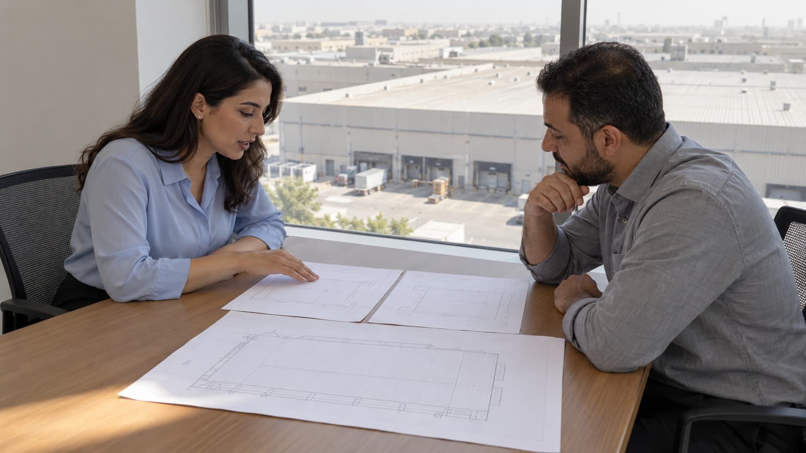 Illustrative commercial property colleagues reviewing unlabelled roof plans in an office overlooking a warehouse