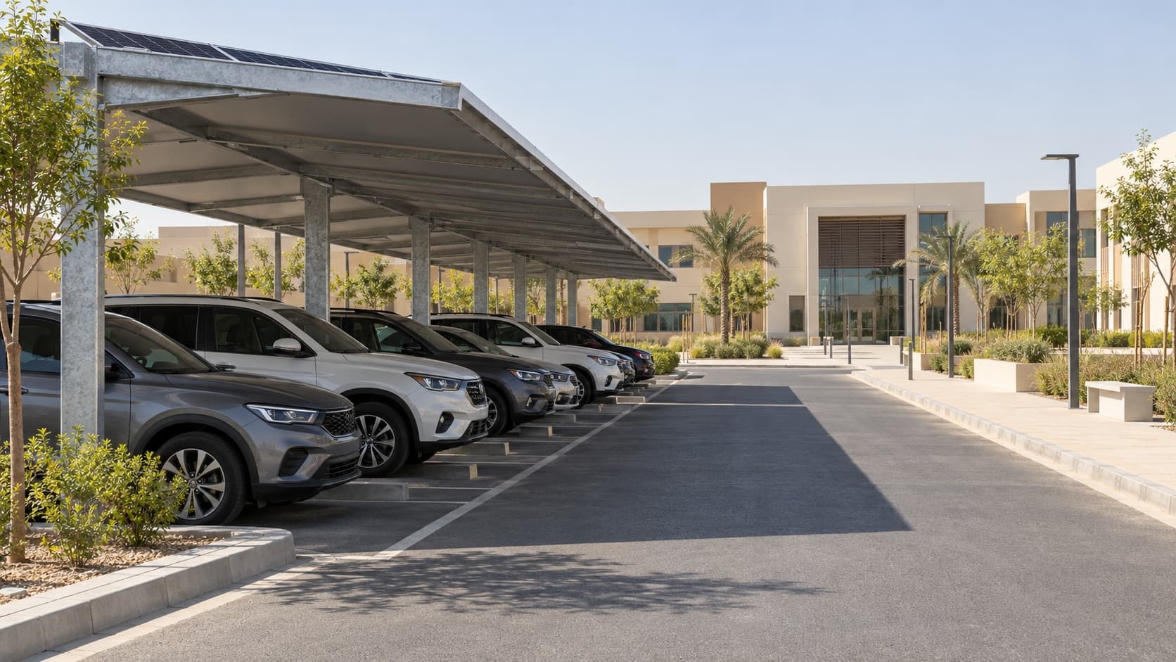 Illustrative Dubai-style school parking with a solar canopy over cars beside a clear circulation lane and campus walkway
