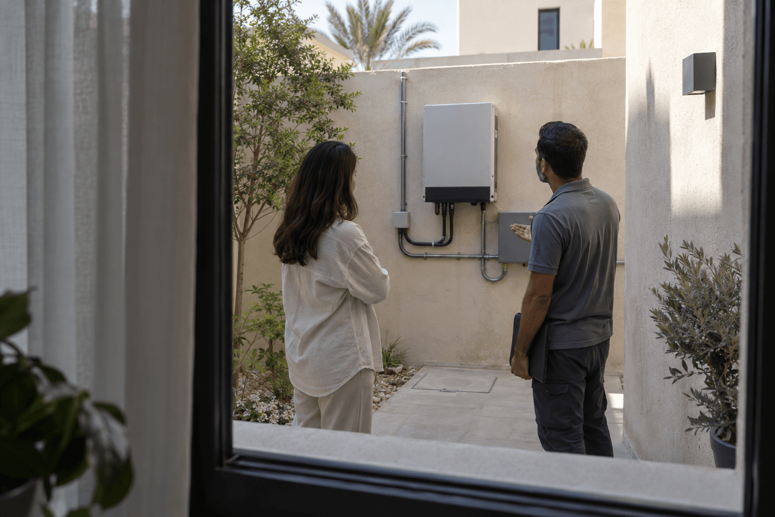 AI-generated illustration of two adults assessing a closed inverter in a UAE-style villa courtyard, viewed through a nearby room window