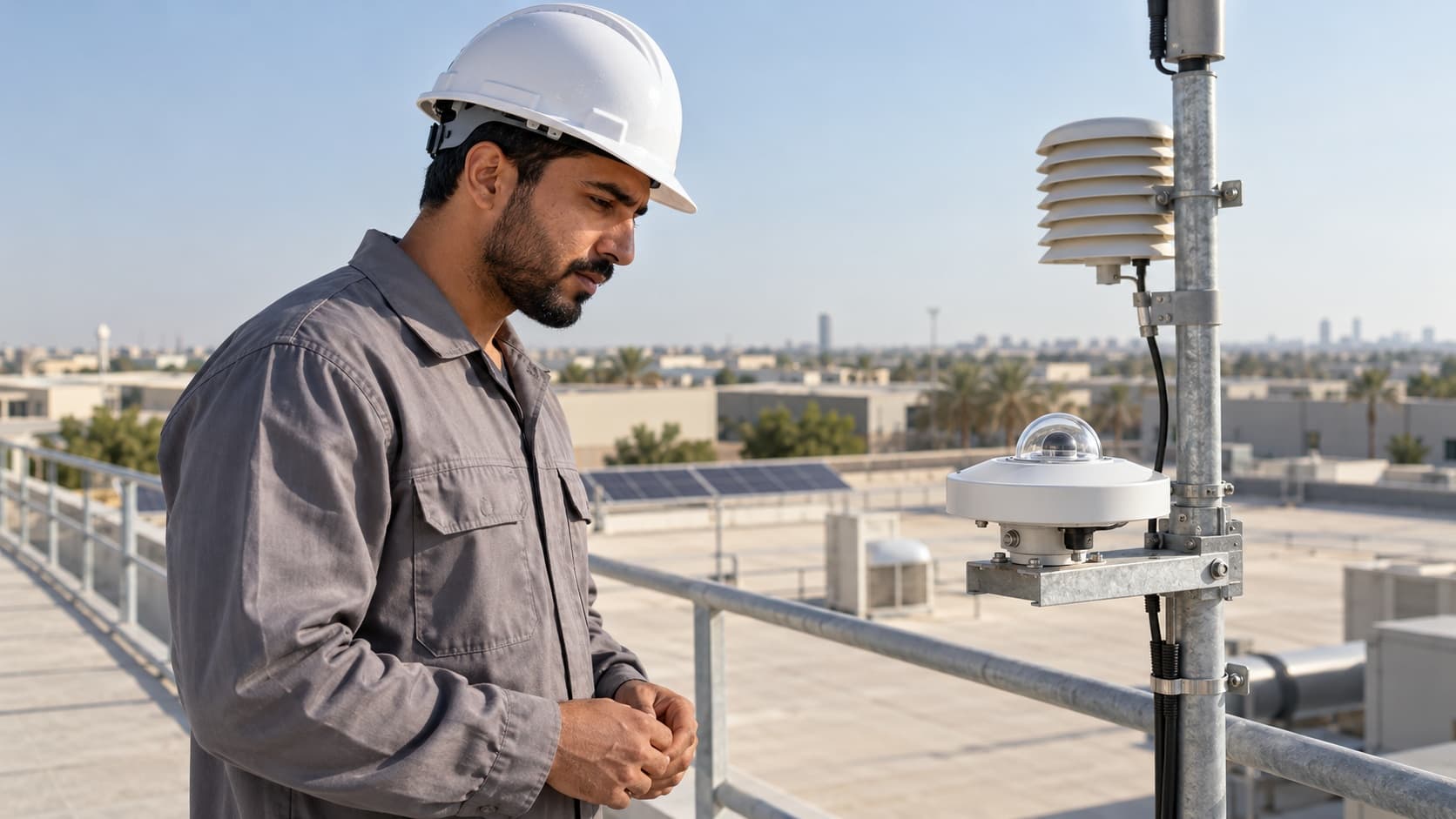Illustrative technician examining a solar irradiance sensor beside a weather mast on an industrial roof