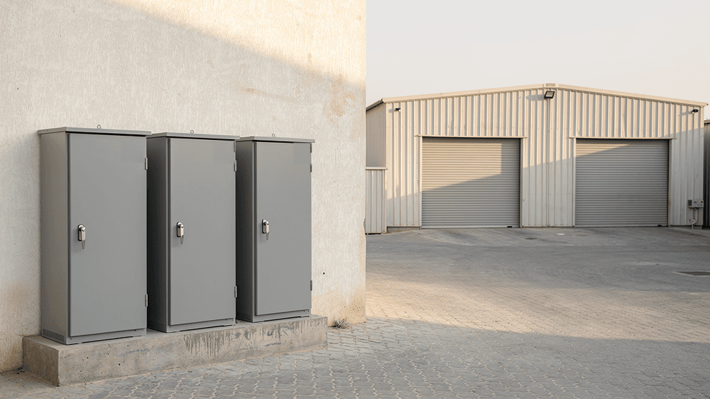 AI-generated illustration of three closed electrical cabinets beside a shared warehouse yard, not a verified DEWA metering installation
