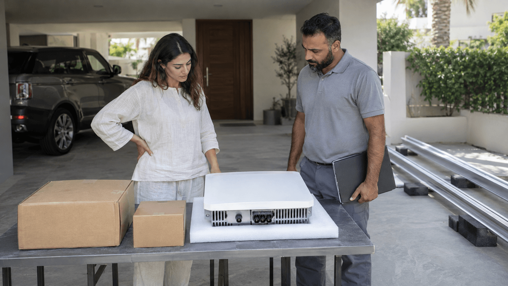 AI-generated illustration of a property owner and contractor checking a delivered, uninstalled solar inverter and equipment cartons at a Dubai-style villa