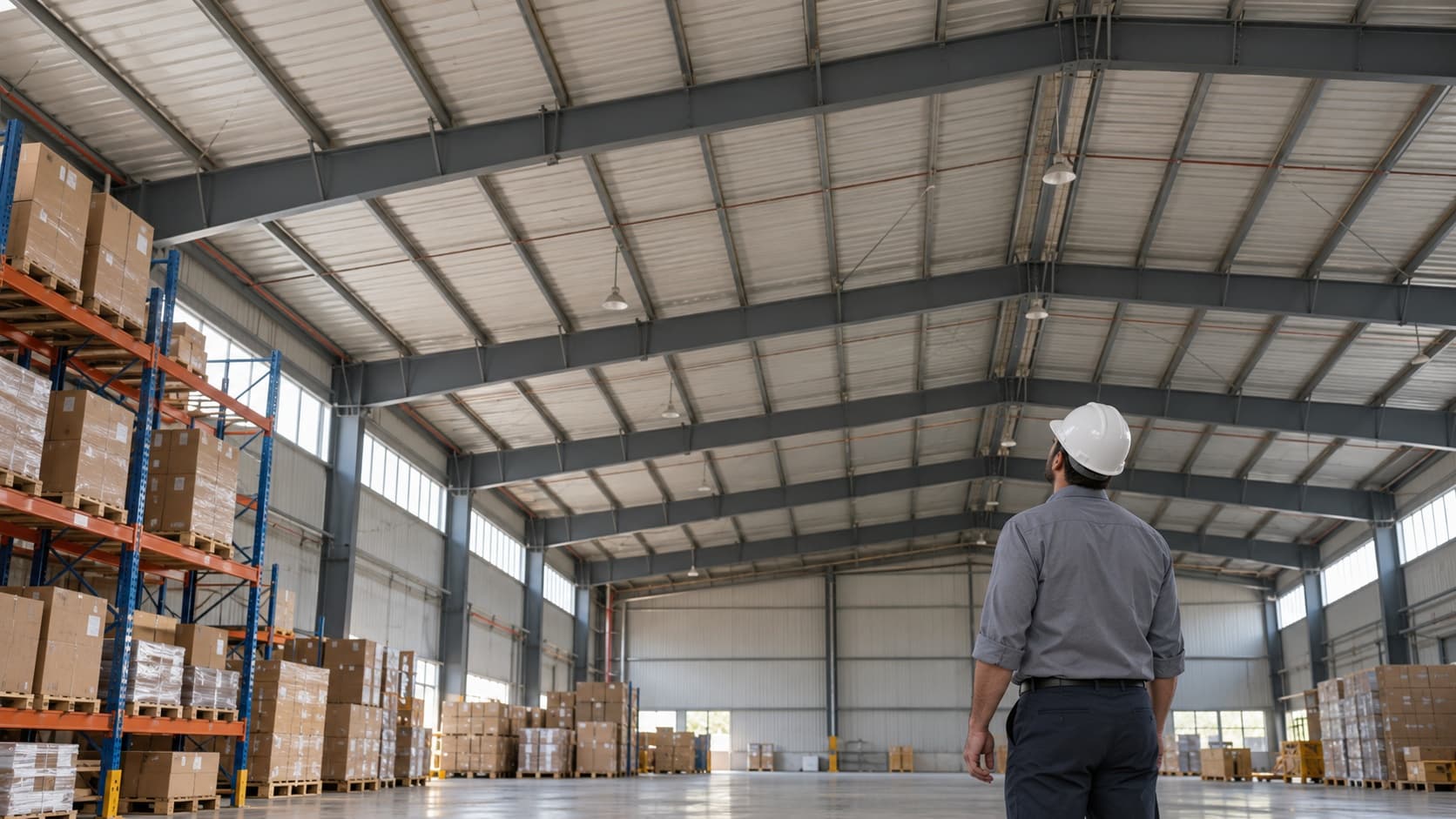 Illustrative warehouse interior with a facilities assessor looking towards the underside of a metal roof before planning solar