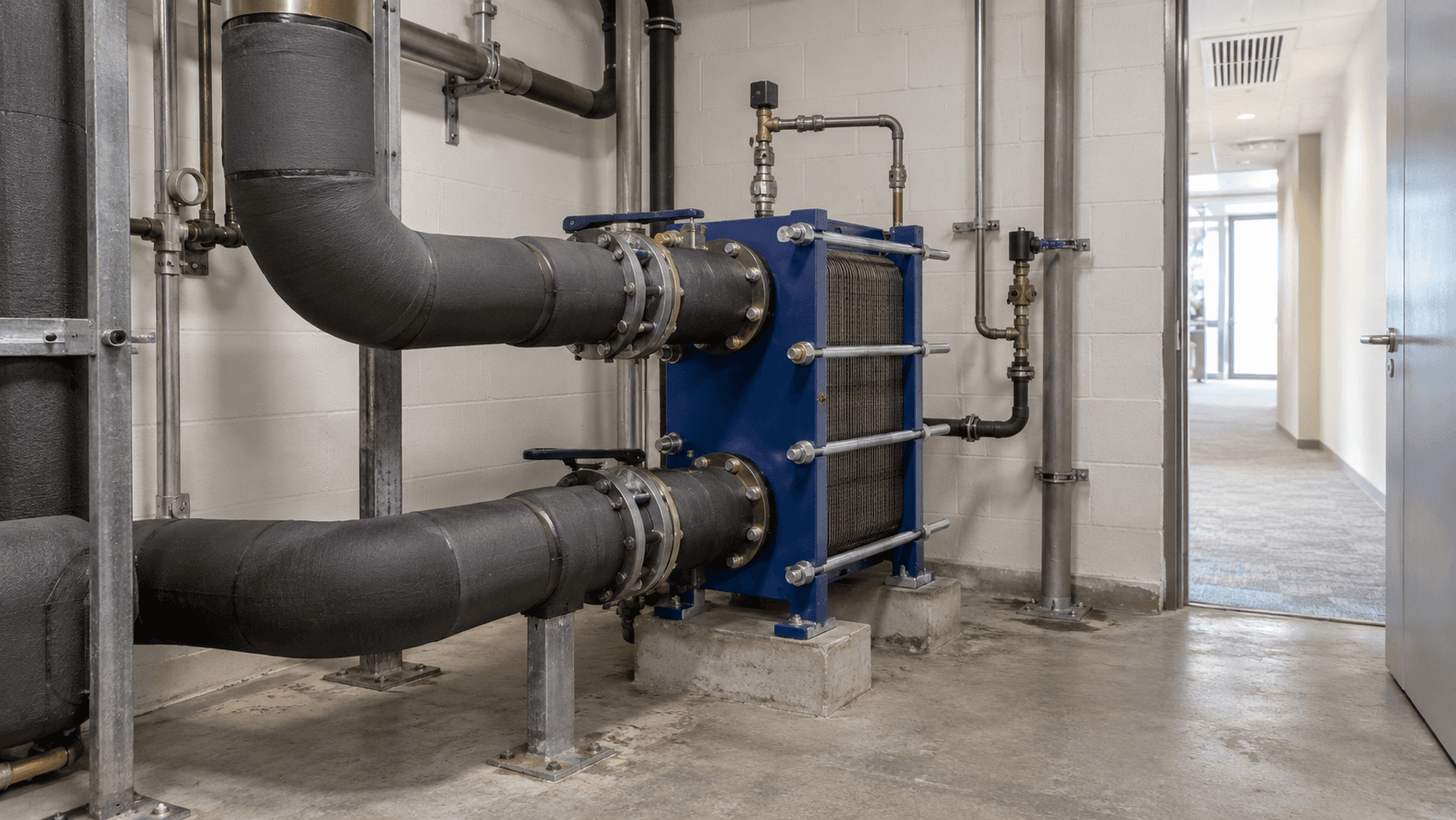 AI-generated illustration of insulated chilled-water pipes and a plate heat exchanger in a commercial-building service room, not a verified provider installation