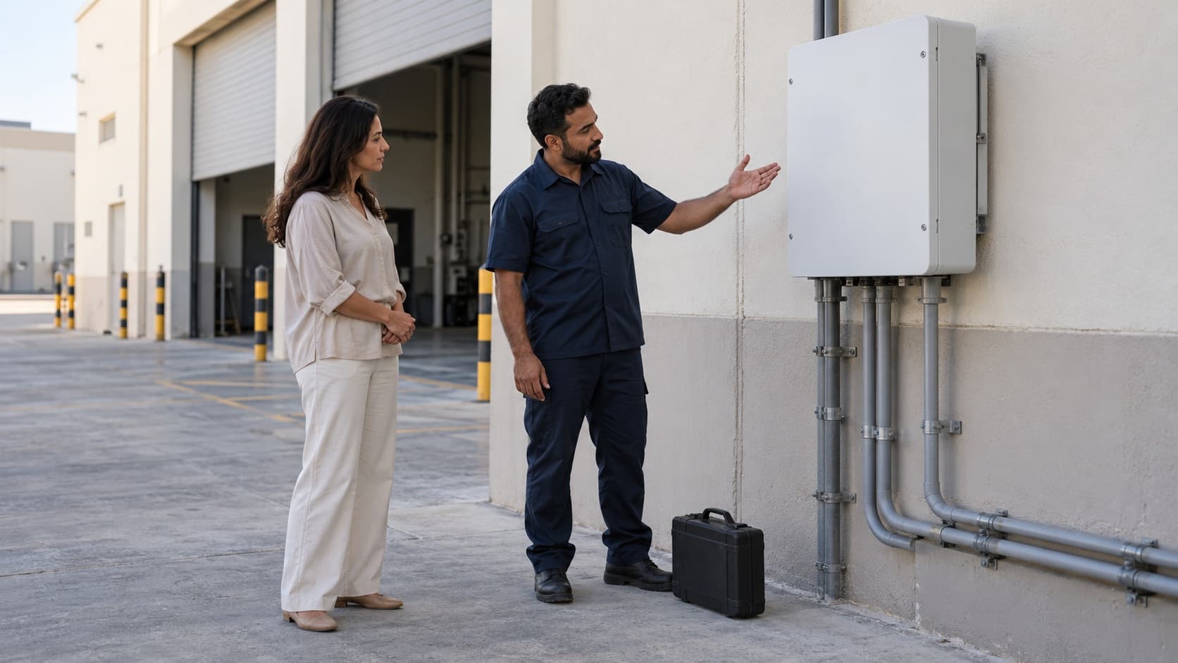 Illustrative facilities manager and technician discussing a closed wall-mounted solar inverter at a generic UAE warehouse