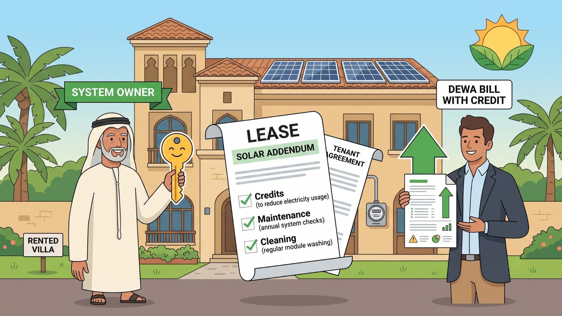 When a rented Dubai villa has solar, who gets the DEWA bill credits — landlord or tenant? The DEWA rule, the lease gap, and what to put in writing.