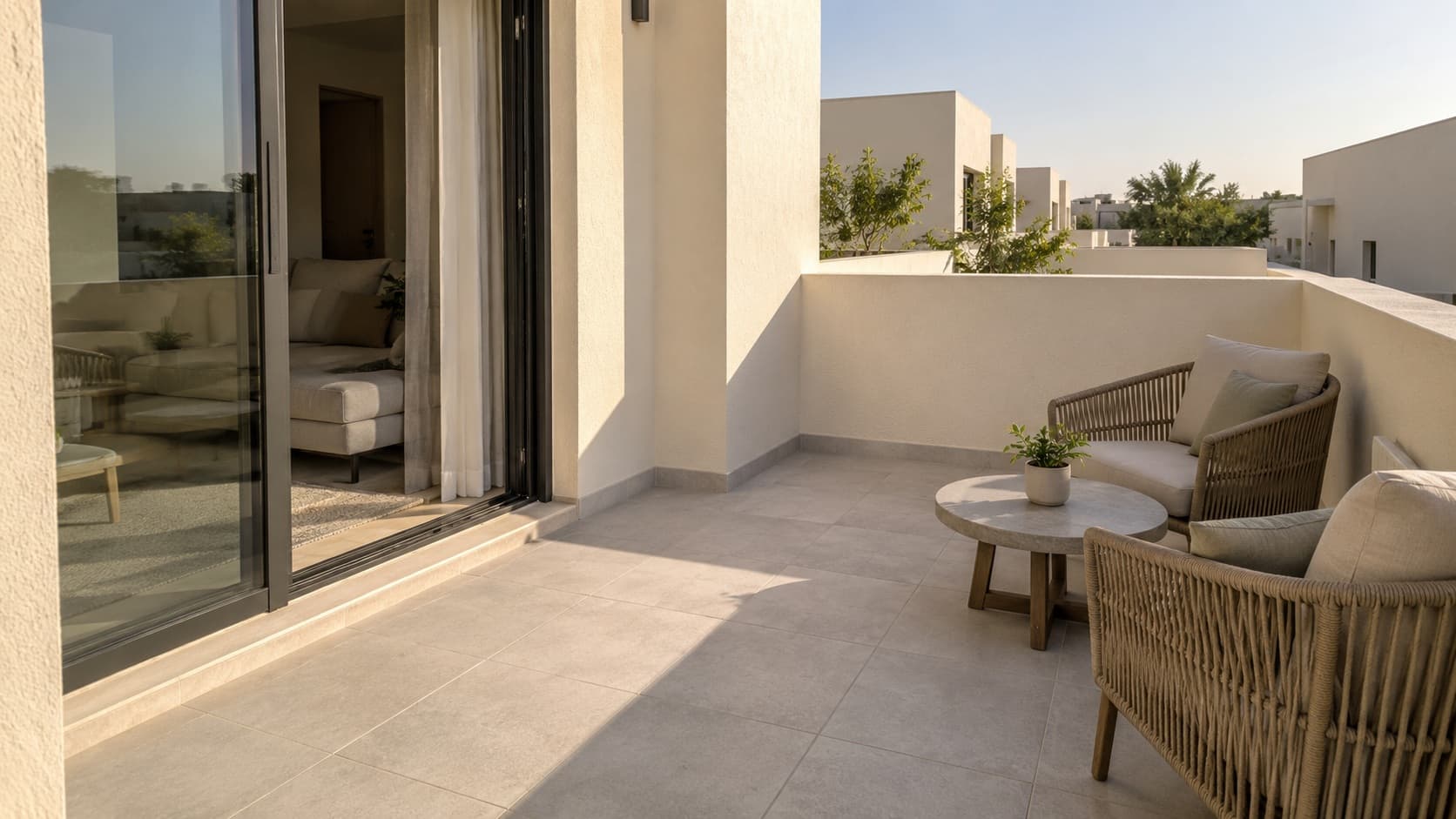 AI-generated illustration of a small furnished roof-level balcony beside a family room in a contemporary Dubai-style townhouse