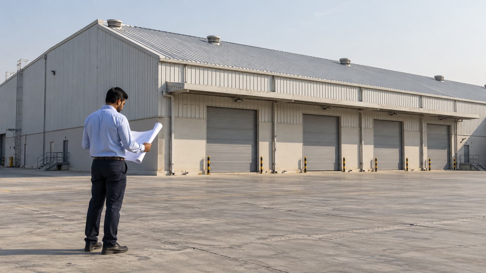 AI-generated illustration of a consultant reviewing unmarked rolled plans beside a generic UAE warehouse before rooftop works